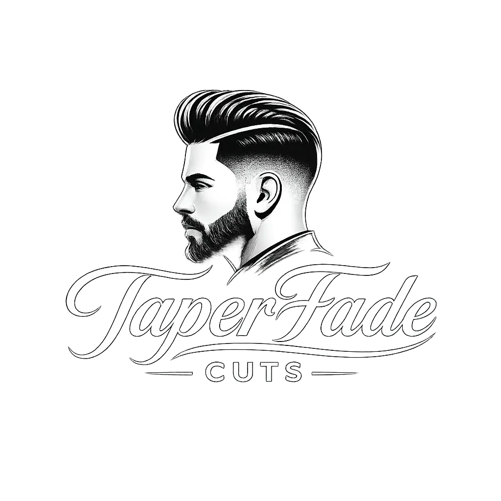 "Taper Fade Cuts logo featuring a stylish men's taper fade haircut illustration with modern barber branding in black and white."