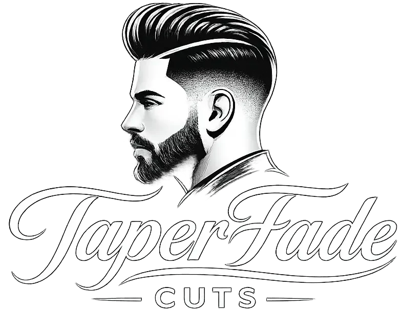 "Taper Fade Cuts logo featuring a stylish men's taper fade haircut illustration with modern barber branding in black and white."