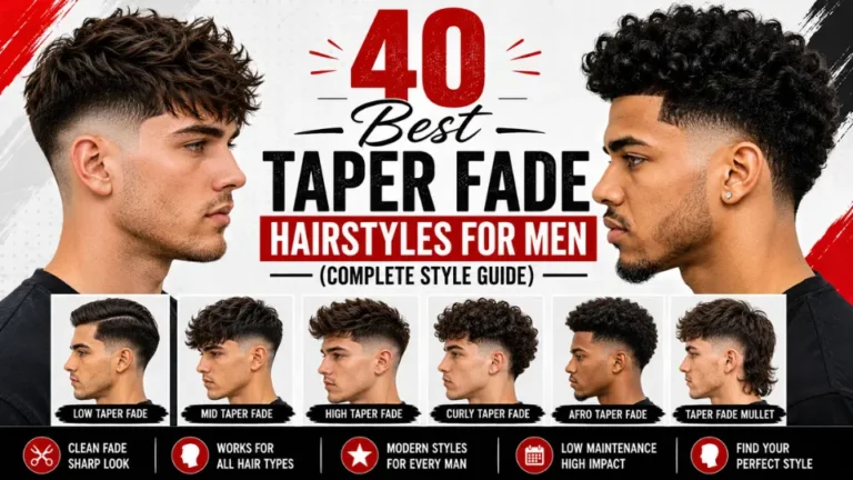 Feature image for 40 Best Taper Fade Hairstyles for Men featuring the most popular taper fade haircut styles, including low, mid, high, curly, Afro, and mullet taper fades, with modern men's hairstyle examples and a professional barber-inspired design.