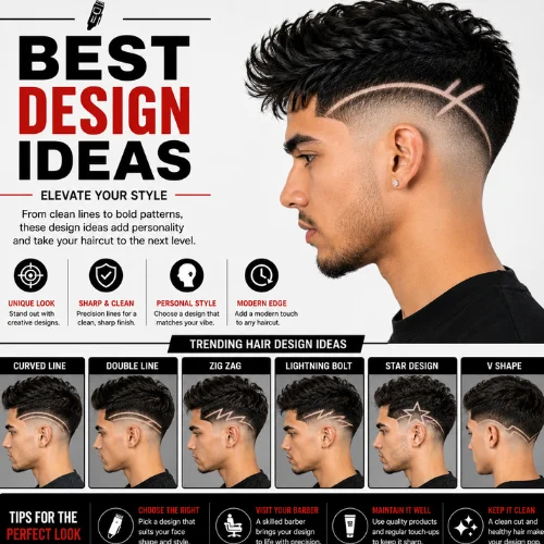 Best hair design ideas for men featuring a taper fade haircut with creative shaved line designs, including curved, double line, zigzag, lightning bolt, star, and V-shaped patterns for a modern barber style.