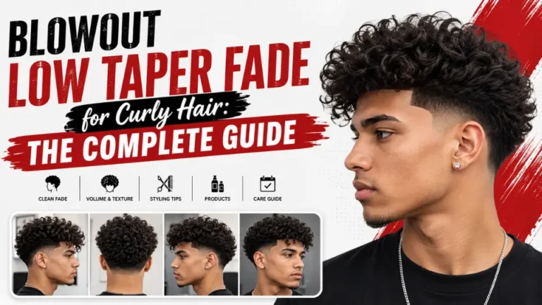Blowout low taper fade for curly hair feature image showing a modern curly hairstyle with a voluminous blowout top, clean low taper fade, and multiple hairstyle angles in a complete style guide layout