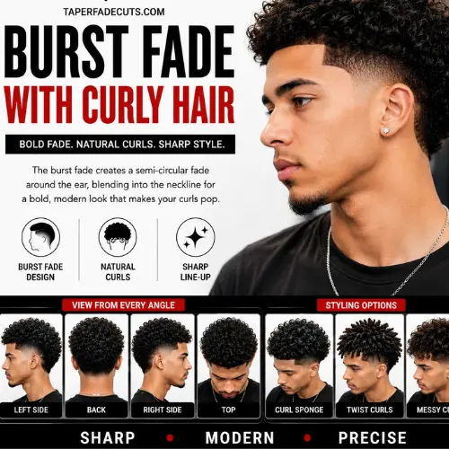 Burst fade with curly hair featuring defined natural curls, a sharp line-up, clean burst fade around the ears, seamless fade blending, and left, right, back, and top views with modern barber styling options for men.