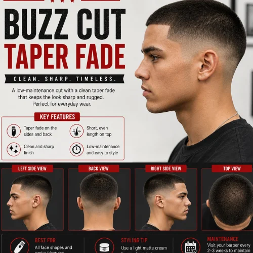 Buzz cut taper fade haircut for men featuring a clean buzz cut, sharp taper fade on the sides and back, left, right, back, and top views with a modern barber styling guide.