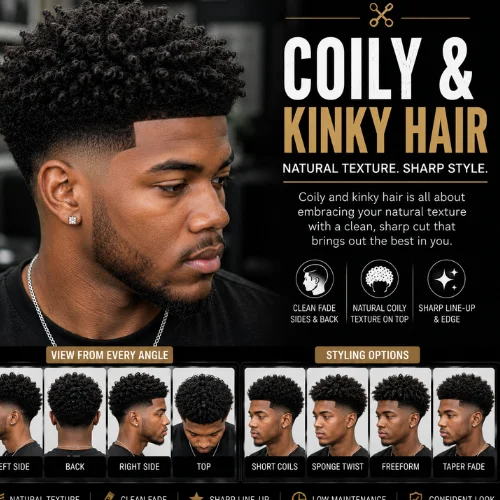 Coily and kinky hair with taper fade featuring tight natural coils, a clean taper fade on the sides and back, sharp line-up, seamless fade blending, and left, right, back, and top views with modern barber styling for Black men.