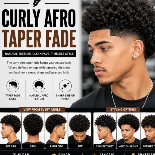 Curly Afro taper fade featuring natural tight afro curls, a clean low taper fade, sharp line-up, seamless fade blending, and left, right, back, and top views with a modern barber hairstyle for Black men.