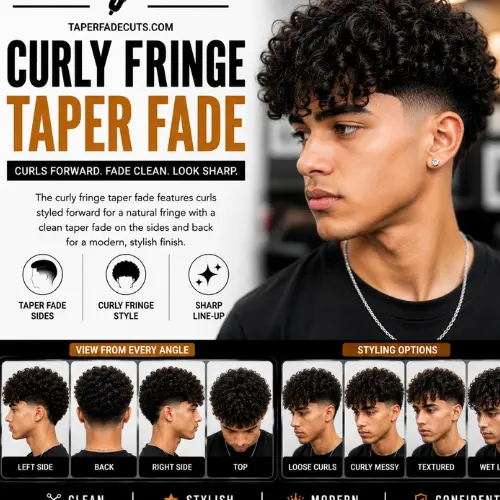 Professional curly fringe taper fade haircut showcasing natural curly fringe, a crisp taper fade, clean edge-up, textured curls, and multiple hairstyle angles for a stylish modern men's barber look.