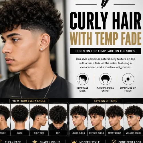 Curly hair with temp fade featuring textured natural curls, a clean temple fade around the temples, sharp line-up, seamless fade blending, and left, right, back, and top views with modern barber styling for men.