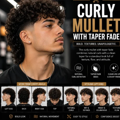 Curly mullet with taper fade featuring defined natural curls, a modern mullet hairstyle with a clean taper fade on the sides, sharp line-up, textured back length, and left, right, back, and top views with stylish barber haircut variations for men.
