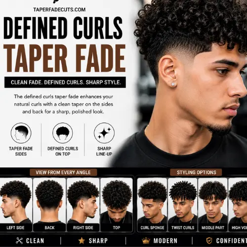 Defined curls taper fade featuring well-defined natural curls on top, a clean taper fade on the sides and back, sharp line-up, seamless fade blending, and left, right, back, and top views with modern barber styling for men.