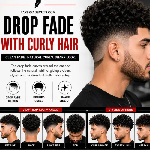 Drop fade with curly hair featuring defined natural curls, a clean drop fade that curves behind the ears, sharp line-up, seamless fade blend, and left, right, back, and top views with modern barber styling options for men.