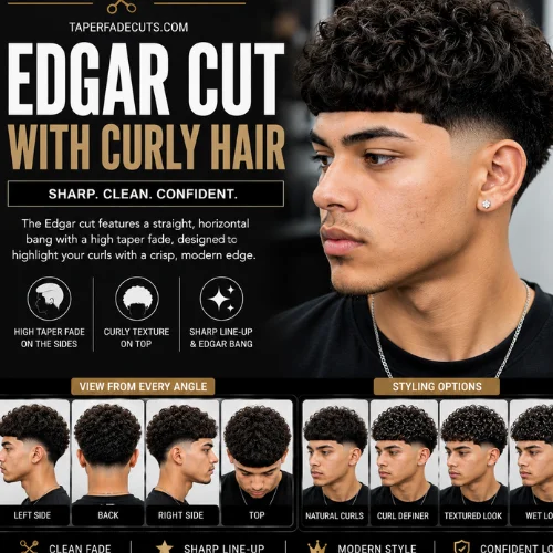 Edgar cut with curly hair featuring textured natural curls, a sharp Edgar fringe, clean taper fade on the sides and back, crisp line-up, seamless fade blending, and left, right, back, and top views with modern barber styling for men.
