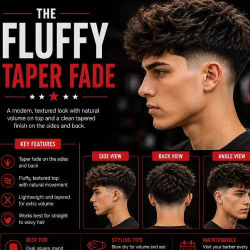 Fluffy taper fade haircut for men featuring a voluminous textured top, clean tapered sides, side view, back view, and modern barber styling guide.
