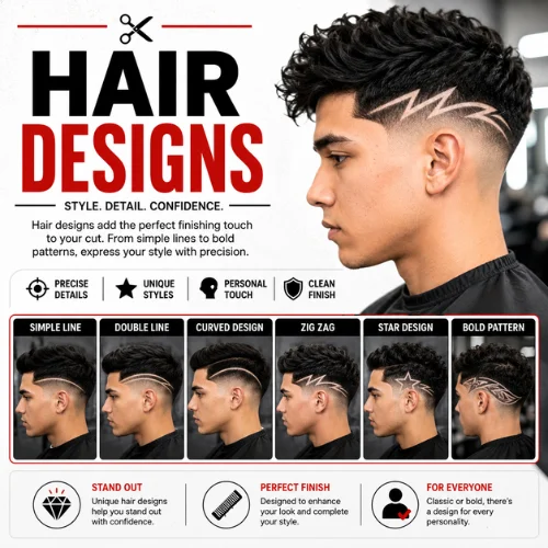 Hair design ideas for men featuring a taper fade haircut with creative shaved hair patterns, including zigzag, double line, curved, star, and bold side designs for a modern barber style.