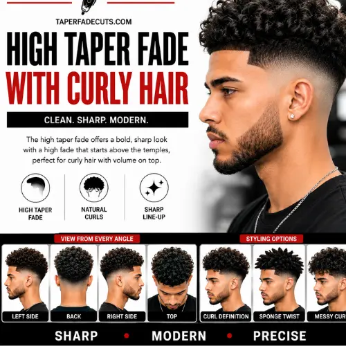 High taper fade with curly hair featuring defined natural curls, a clean high taper fade on the sides and back, sharp line-up, and left, right, back, and top views with modern barber styling options.