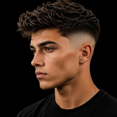 High taper fade haircut for men featuring textured hair on top, sharp high fade, clean side profile, and professional barber styling on a black background.