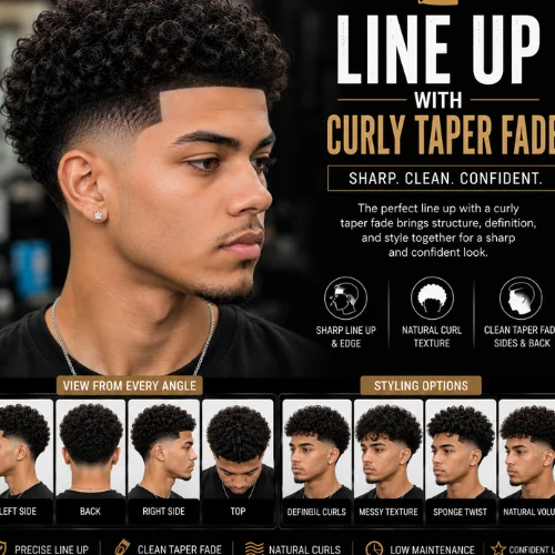 Line up with curly taper fade featuring defined natural curls, a sharp line-up, clean taper fade on the sides and back, crisp edge-up, seamless fade blending, and left, right, back, and top views with modern barber styling for men.