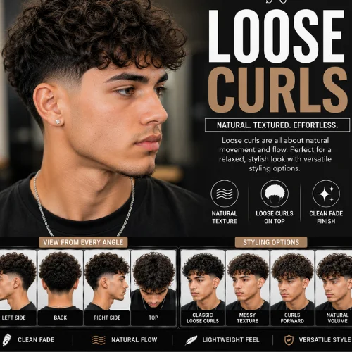 Loose curls with taper fade featuring soft natural curls on top, a clean taper fade on the sides and back, sharp line-up, seamless fade blending, and left, right, back, and top views with modern barber styling for men.