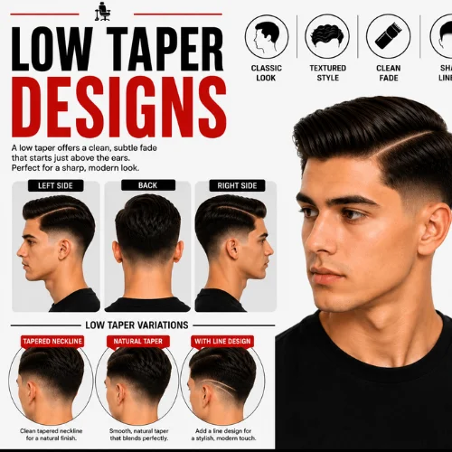 Low taper hair designs featuring a clean low taper fade haircut with a side part, left, right, and back views, plus stylish taper design variations for a modern men's hairstyle.