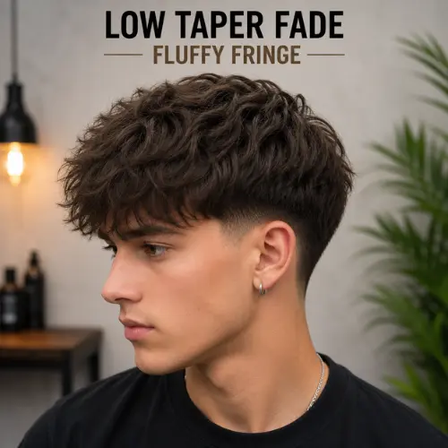 Young man with a fluffy fringe and clean low taper fade haircut, featuring a textured front and modern men's hairstyle in a stylish barbershop.