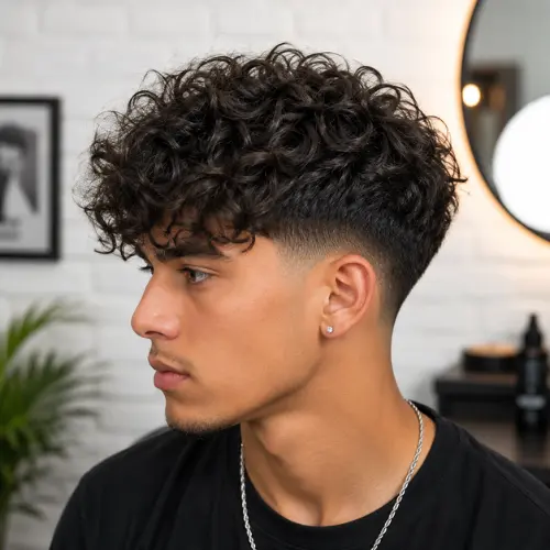 Young man with fluffy curly hair and a clean low taper fade haircut, showcasing defined curls, a sharp fade, and a modern men's hairstyle in a stylish barbershop.