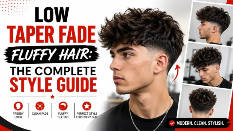 Low taper fade fluffy hair hairstyle featuring a clean low taper fade with voluminous textured hair, showcased in a modern men's style guide.
