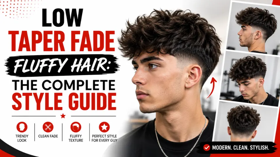 Low taper fade fluffy hair hairstyle featuring a clean low taper fade with voluminous textured hair, showcased in a modern men's style guide.