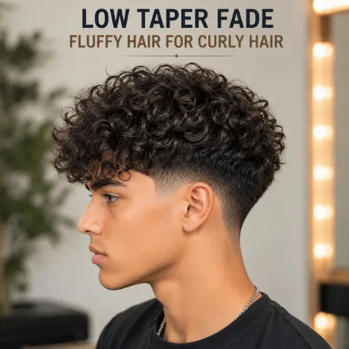Young man with fluffy curly hair and a clean low taper fade haircut, featuring defined curls and a modern men's hairstyle in a stylish barbershop.