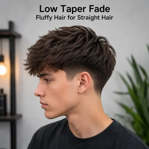Young man with straight fluffy hair and a clean low taper fade haircut, featuring a textured top and modern men's hairstyle in a stylish barbershop.
