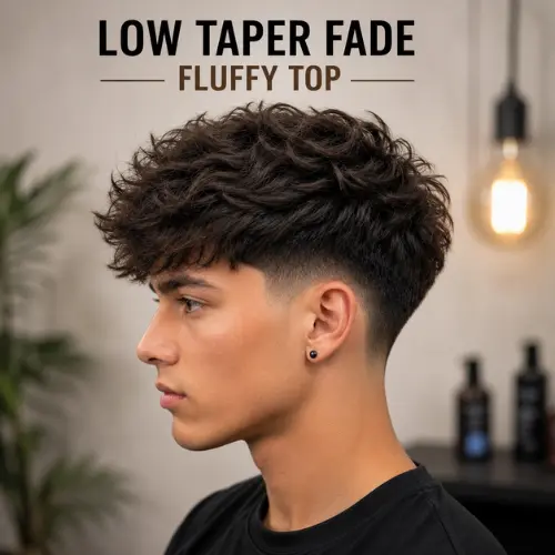 Young man with a fluffy textured top and clean low taper fade haircut, showcasing a modern men's hairstyle in a stylish barbershop.