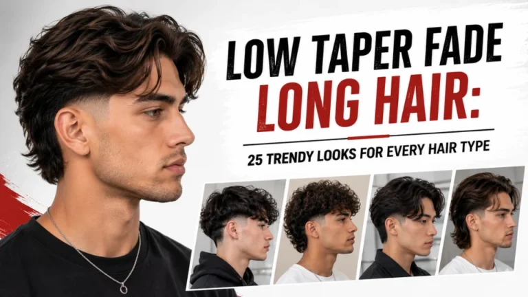 Feature image showing low taper fade with long hair, including textured, curly, wavy, wolf cut, mullet, man bun, ponytail, and slick back hairstyle variations for men