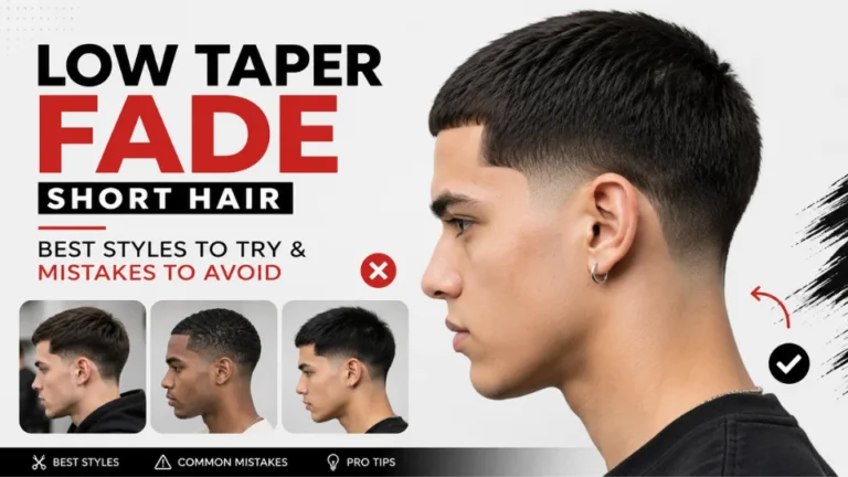 Low Taper Fade Short Hair feature image showing a clean low taper fade haircut with short hair, bold title "Low Taper Fade Short Hair: Best Styles to Try & Mistakes to Avoid," and examples of popular short taper fade styles for men.