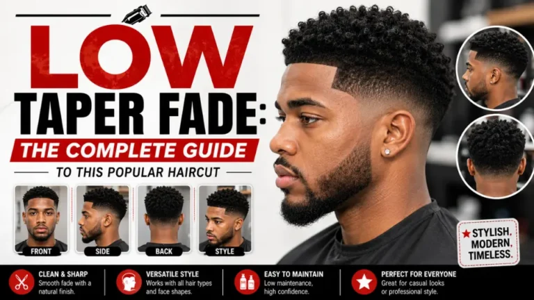 Low Taper Fade infographic featuring a modern Black man with a clean low taper fade haircut, front, side, back, and styled hairstyle views, natural textured curls, barber-approved styling tips, haircut maintenance guide, and a professional white background with bold red, black, and white design elements.