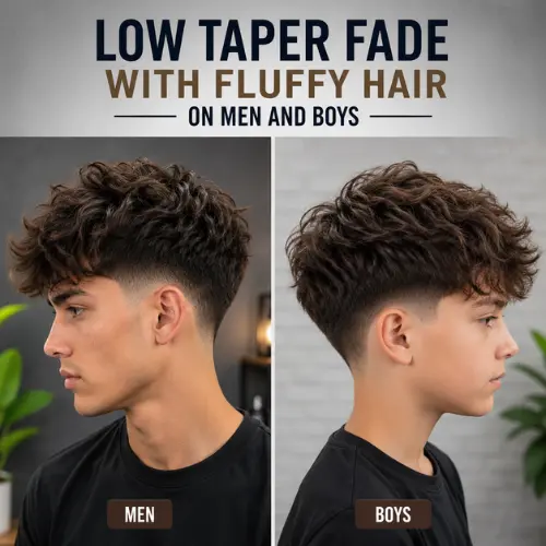 Side-by-side comparison of a low taper fade with fluffy hair on a man and a boy, showcasing modern textured hairstyles with clean low taper fades.