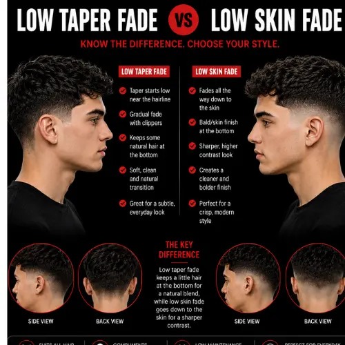 Low taper fade vs low skin fade haircut comparison infographic showing the key differences between low taper fade and low skin fade hairstyles with side-by-side men's haircut examples, side views, back views, and fade transition details.