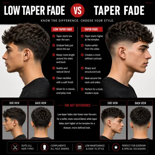 Low taper fade vs taper fade haircut comparison infographic showing the key differences between low taper fade and taper fade hairstyles with side-by-side men's haircut examples, side views, back views, and fade transition details.