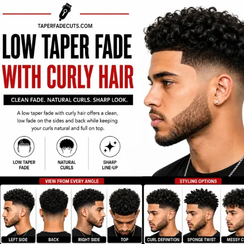Low taper fade with curly hair featuring defined natural curls, a clean sharp line-up, smooth low taper fade around the ears and neckline, and a modern men's barber hairstyle with a crisp professional finish.