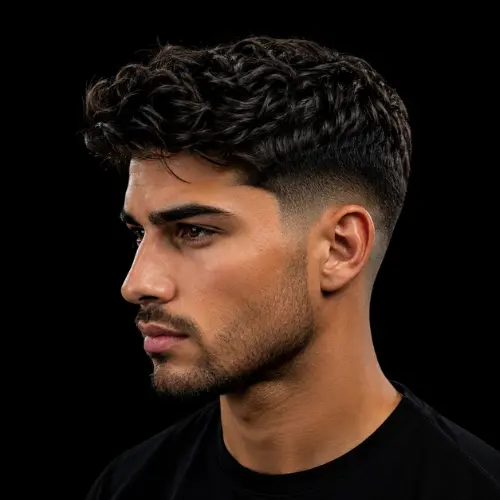 Low taper fade haircut for men featuring textured curly hair, clean side taper, natural fade transition, and a modern barber finish on a black background.
