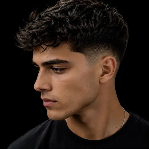 Medium low taper fade haircut for men featuring textured hair on top, smooth fade blend, clean side profile, and modern barber styling on a black background.