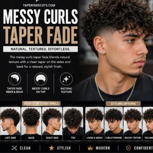 Messy curls taper fade featuring textured messy curls on top, a clean taper fade on the sides and back, sharp line-up, natural volume, seamless fade blending, and left, right, back, and top views with modern barber styling for men.