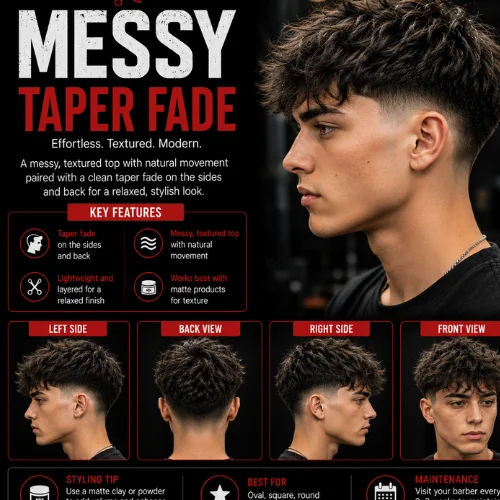 Messy taper fade haircut for men featuring a textured messy top, clean tapered sides and back, front, side, and back views, with a modern barber styling guide.