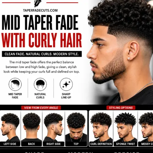 Mid taper fade with curly hair featuring defined natural curls, a clean mid taper fade on the sides and back, sharp line-up, and left, right, back, and top views with modern barber styling options.