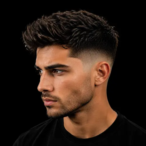 Mid taper fade haircut for men featuring textured hair on top, smooth mid fade transition, clean side profile, and modern barber styling on a black background.