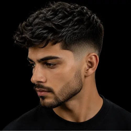 Mid to low taper fade haircut for men featuring textured hair on top, smooth fade transition, clean side profile, and professional barber styling on a black background.