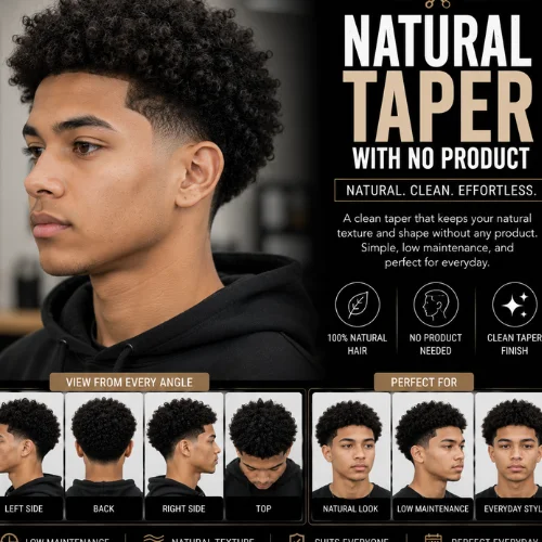 Natural taper with no product featuring clean, natural hair texture, a soft taper fade on the sides and back, effortless volume without styling products, seamless fade blending, and left, right, back, and top views with a modern men's barber haircut.
