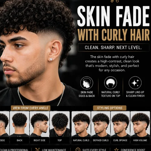 Skin fade with curly hair featuring defined natural curls on top, a clean skin fade on the sides and back, sharp line-up, seamless bald fade blending, and left, right, back, and top views with modern barber styling for men.