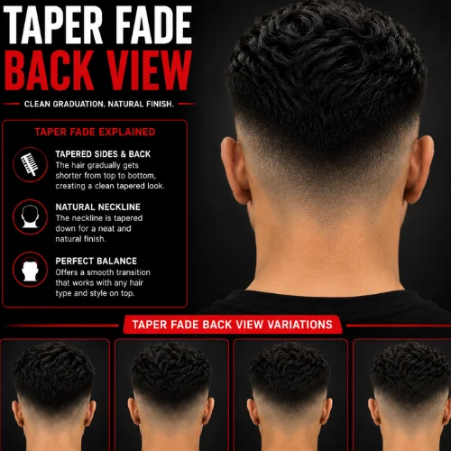 Taper fade back view showcasing a clean tapered neckline, smooth fade transition on the back of the head, natural graduation, and multiple back view variations in a modern barber haircut guide.