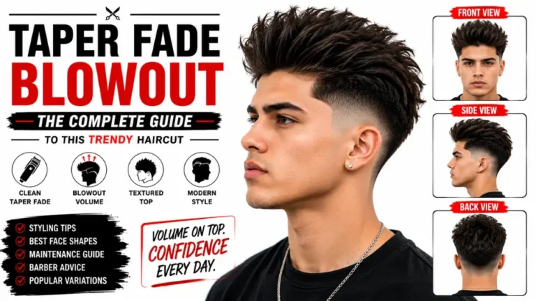 Professional Taper Fade Blowout haircut guide featuring a clean taper fade with a textured blowout hairstyle, modern styling, haircut variations, barber recommendations, maintenance tips, and a white background.