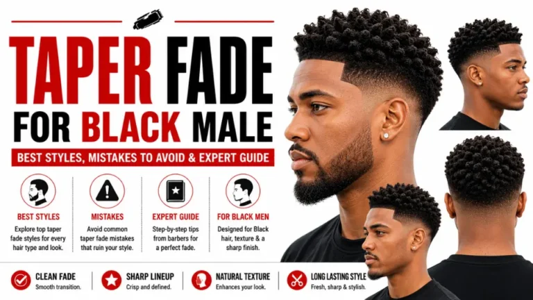 Taper Fade for Black Male infographic featuring a stylish Black man with a modern taper fade haircut, front, side, and back hairstyle views, natural textured curls, clean lineup, barber-approved styling tips, common mistakes to avoid, expert haircut guide, and a professional white background with bold red, black, and white design elements.