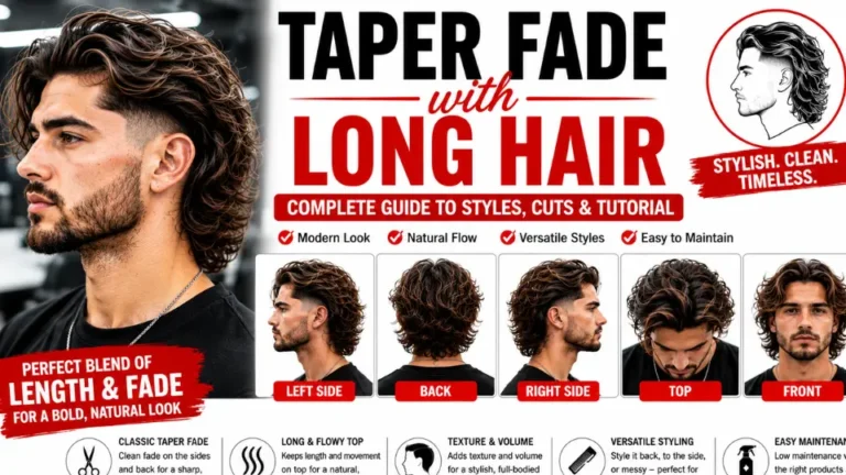 Professional Taper Fade with Long Hair guide showcasing stylish long textured hair, a clean taper fade, multiple hairstyle angles, key styling tips, haircut tutorial, and grooming advice for a modern men's haircut.