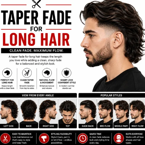 Taper fade for long hair featuring a long textured hairstyle, clean taper fade on the sides and back, with left, right, back, and top views plus popular long hair styling options in a modern barber haircut guide.